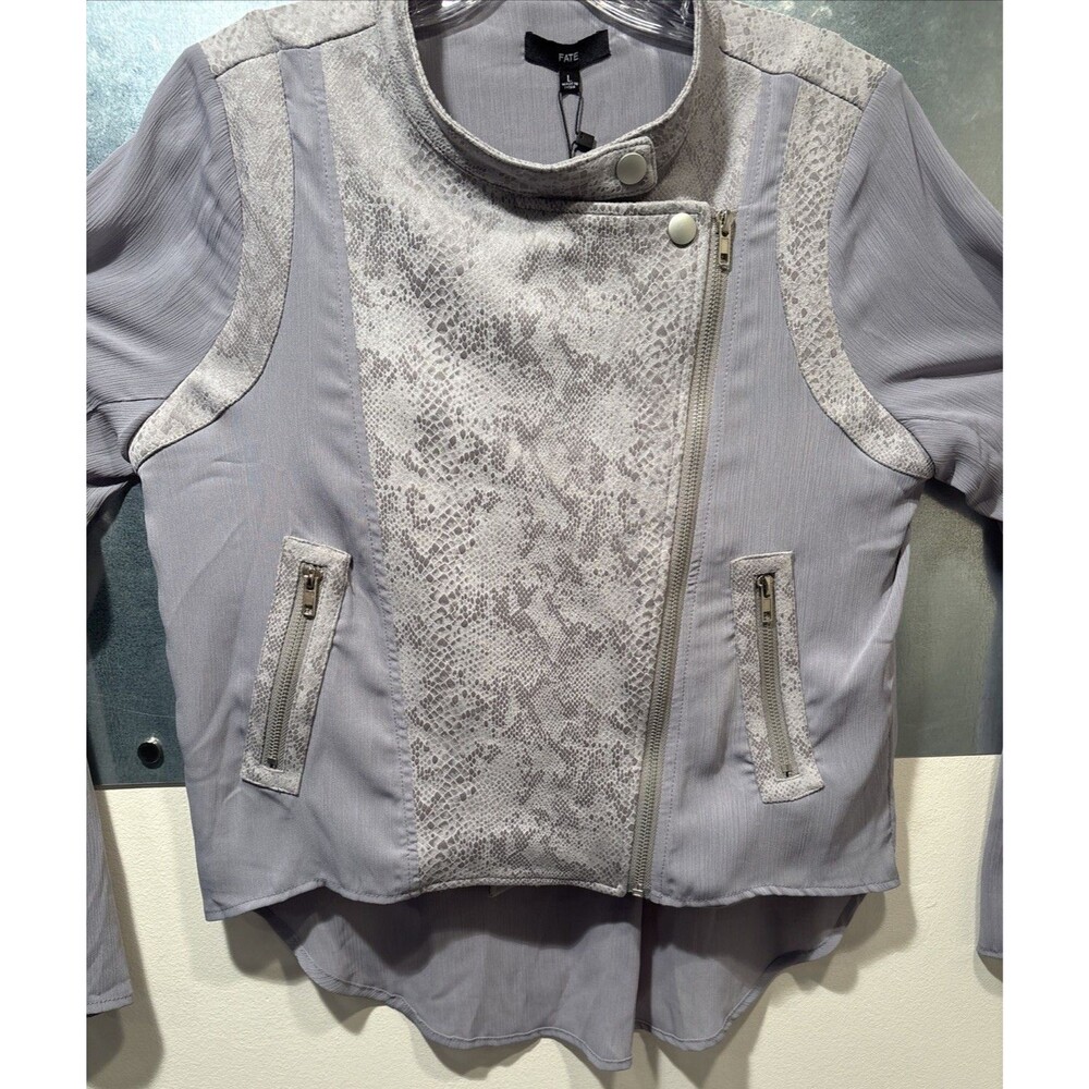 Fate Gray Snake Skin Moto Jacket/TOP NWT Chiffon Faux Suede Asymmetrical Zip Lg.